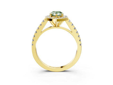 Yellow gold Fancy Green Pear Cut Halo Diamond Ring with Pavé Band and Three-Prong Setting_3