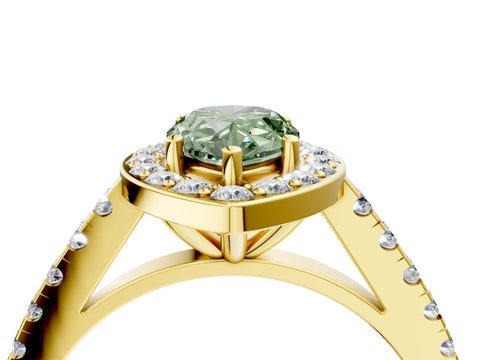 Yellow gold Fancy Green Pear Cut Halo Diamond Ring with Pavé Band and Three-Prong Setting_4