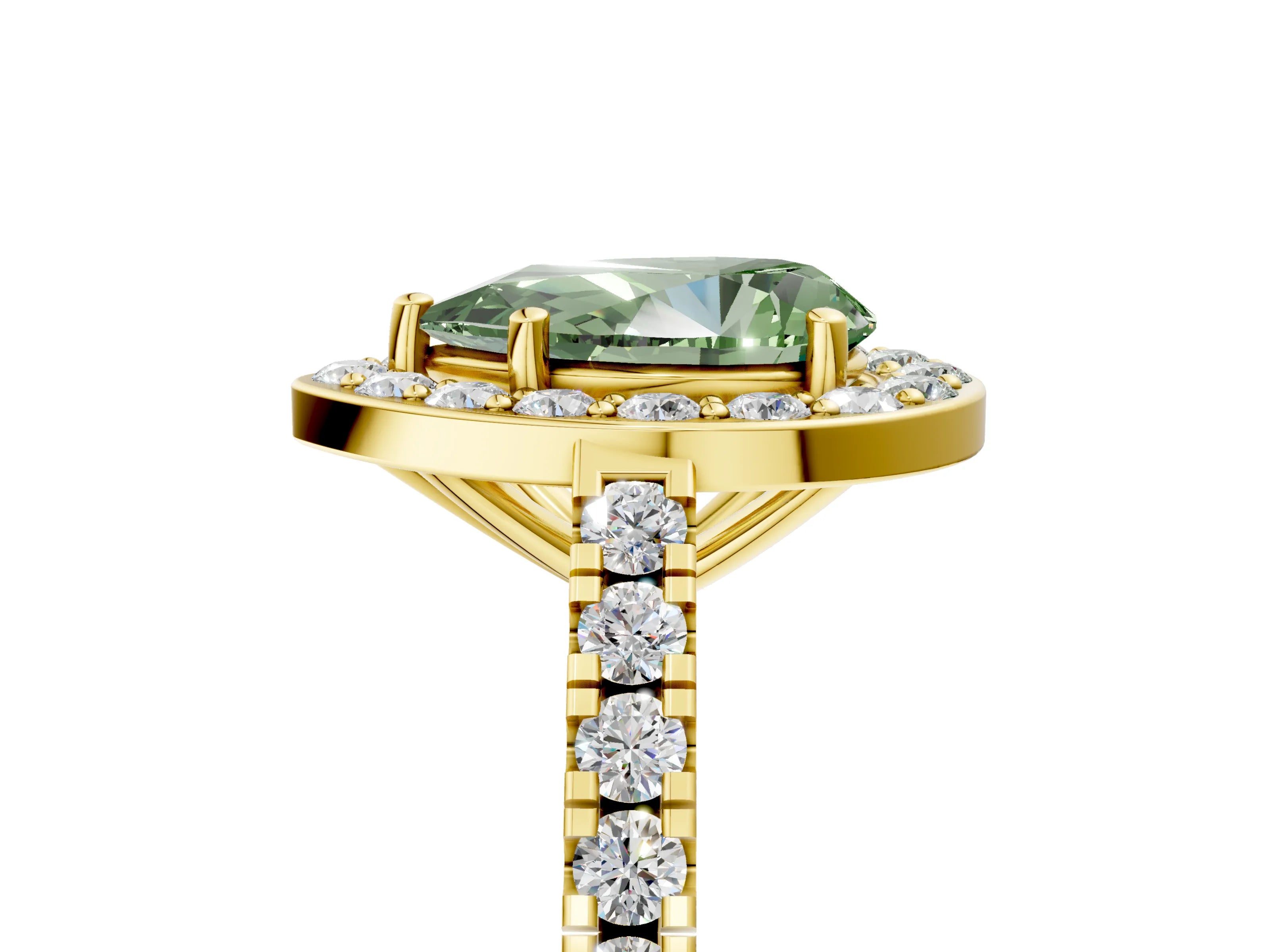 Yellow gold Fancy Green Pear Cut Halo Diamond Ring with Pavé Band and Three-Prong Setting_5