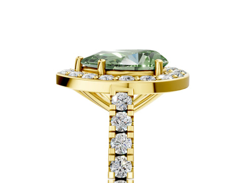 Yellow gold Fancy Green Pear Cut Halo Diamond Ring with Pavé Band and Three-Prong Setting_5