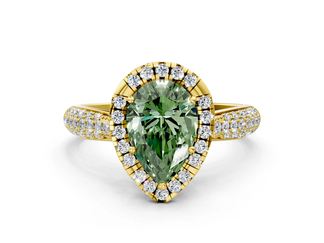 Yellow gold Fancy Green Pear Cut Halo Diamond Ring with Pavé Band