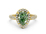 Yellow gold Fancy Green Pear Cut Halo Diamond Ring with Pavé Band