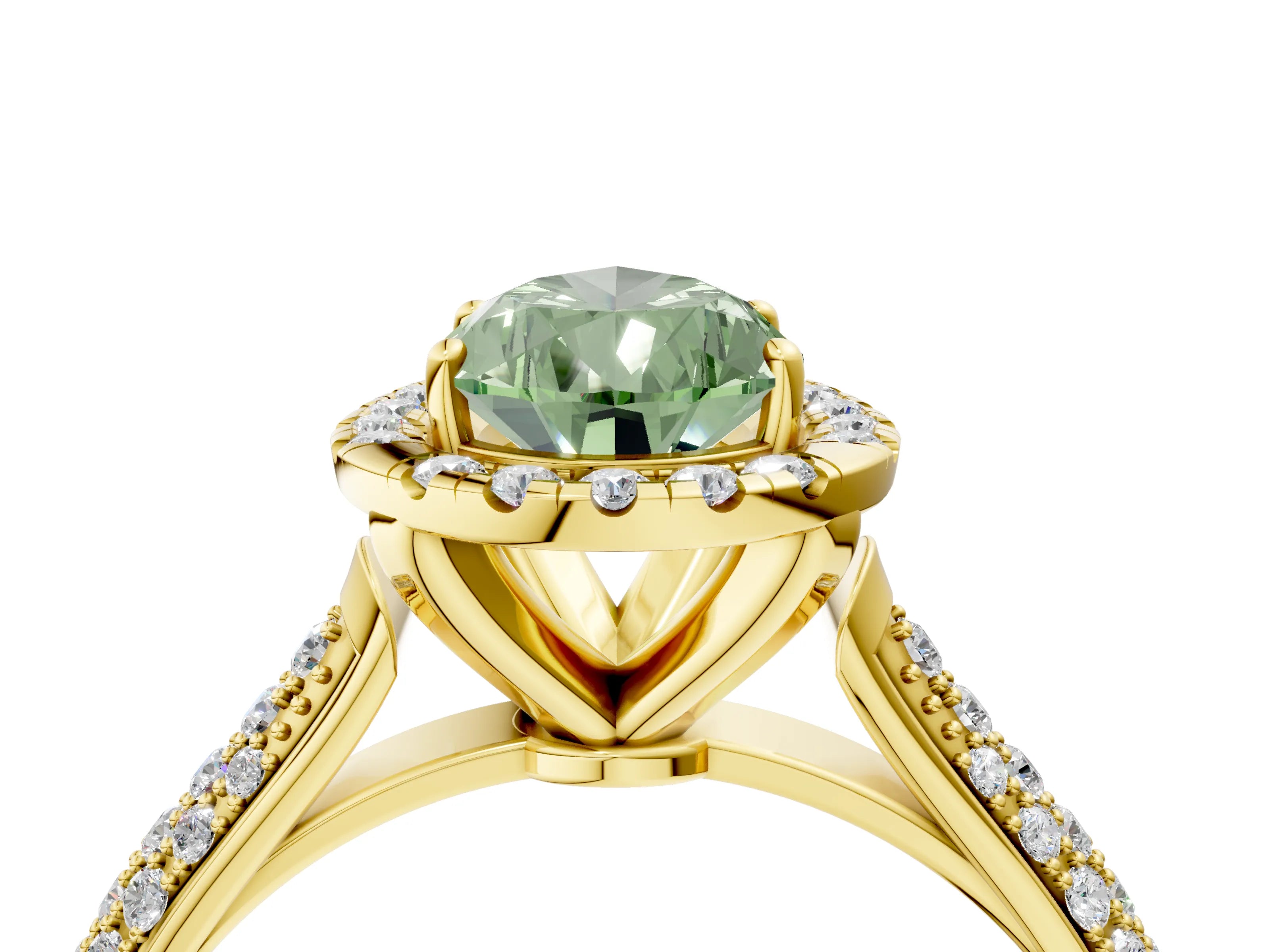 Yellow gold Fancy Green Pear Cut Halo Diamond Ring with Pavé Band_4