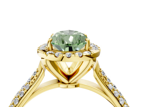 Yellow gold Fancy Green Pear Cut Halo Diamond Ring with Pavé Band_4