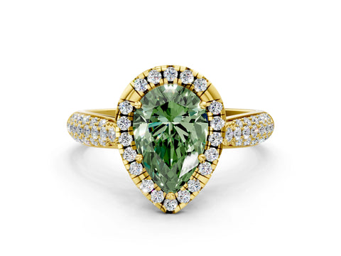Yellow gold Fancy Green Pear Cut Halo Diamond Ring with Pavé Band