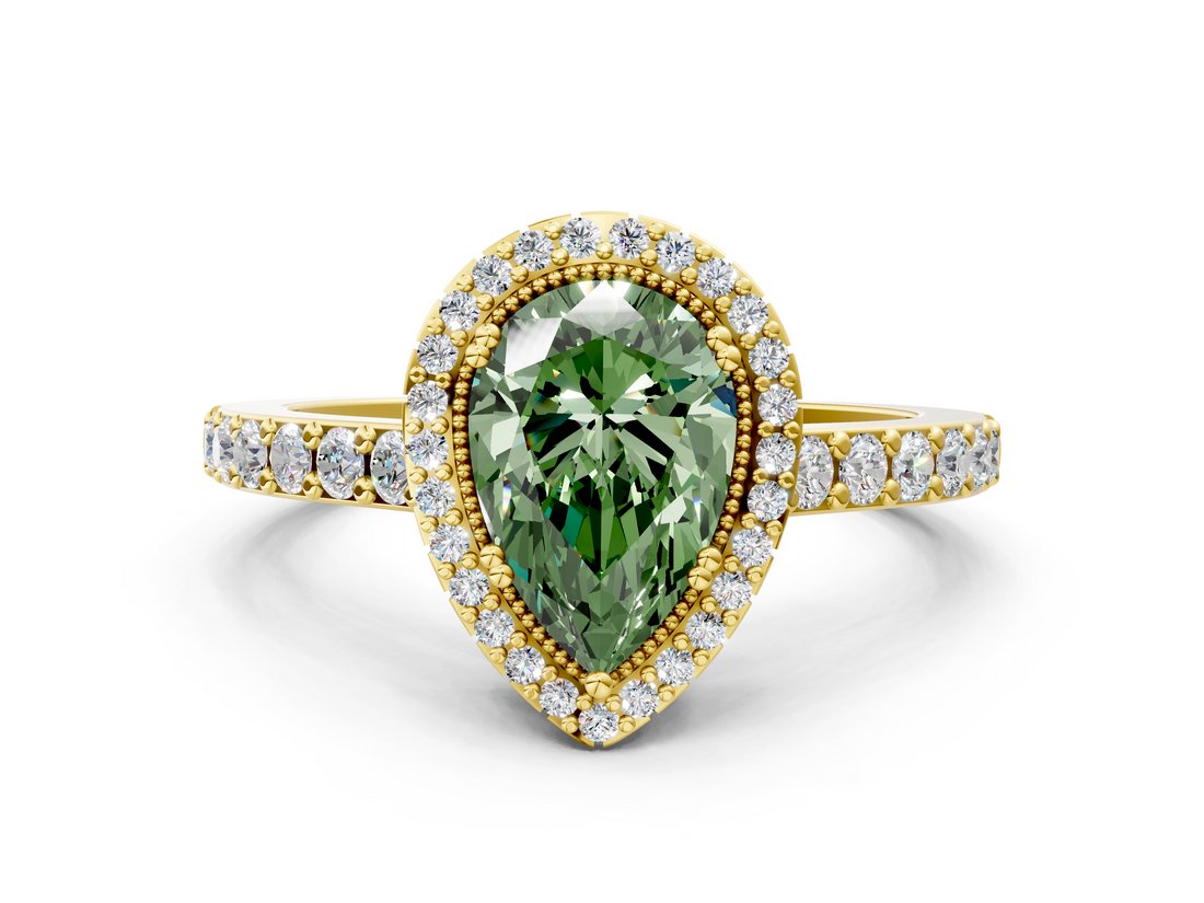 Yellow gold Fancy Green Pear  Cut Halo Diamond Ring with Pave Band and Four-Prong Setting_24