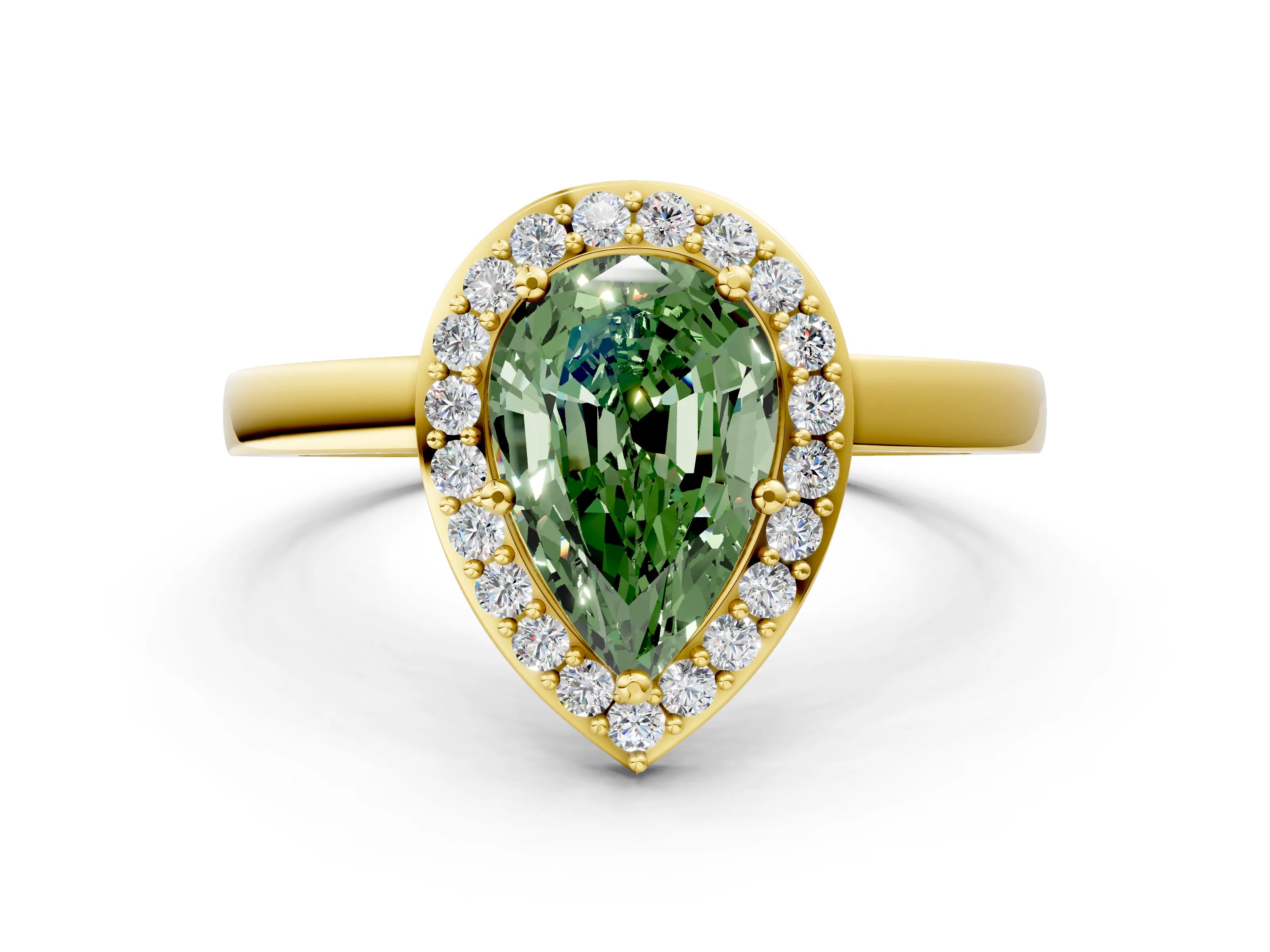 Yellow gold Fancy Green Pear Cut Halo Diamond Ring with Solitaire Band and Prong Setting