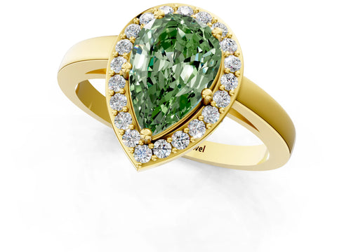 Yellow gold Fancy Green Pear Cut Halo Diamond Ring with Solitaire Band and Prong Setting_1