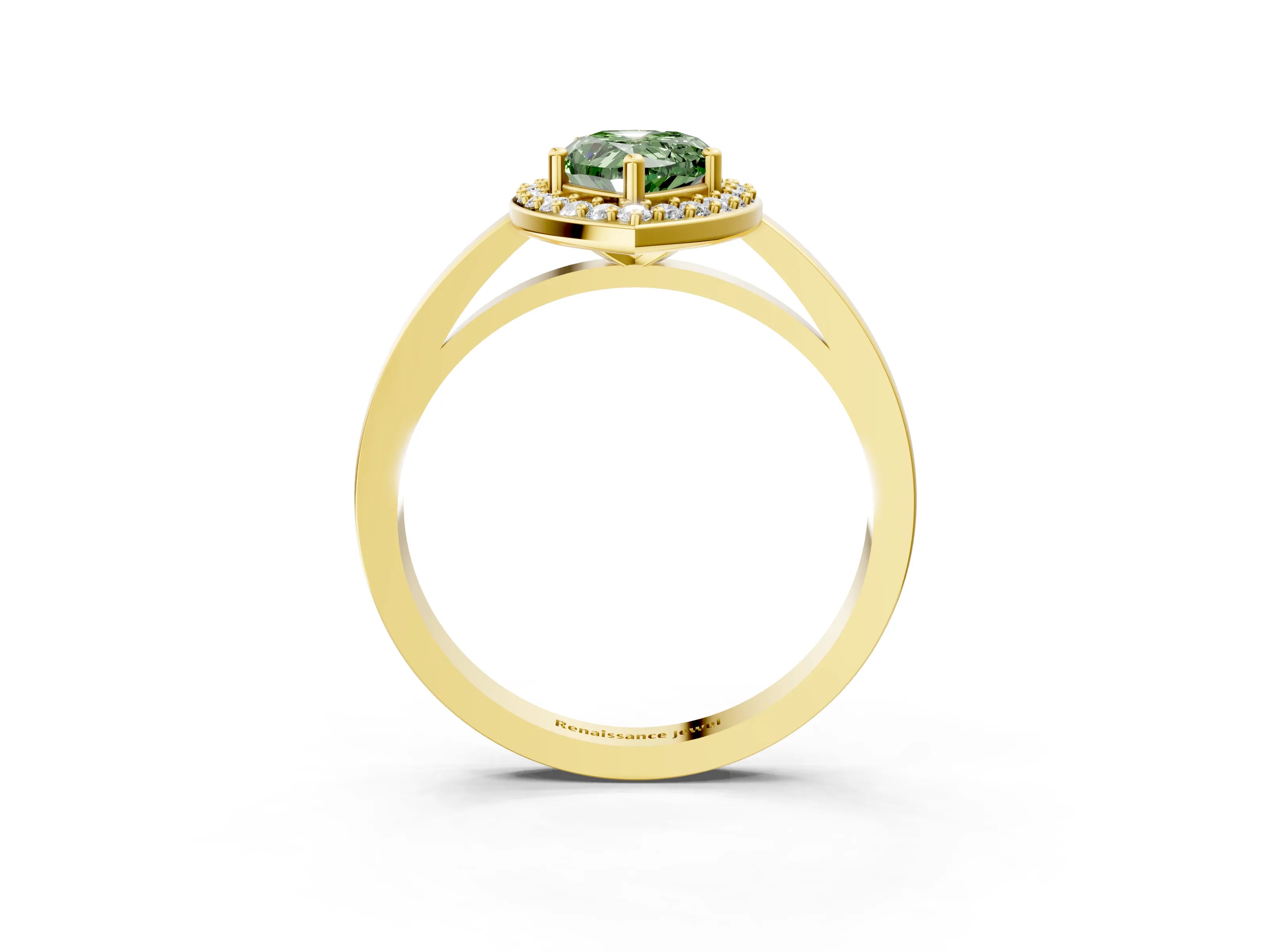 Yellow gold Fancy Green Pear Cut Halo Diamond Ring with Solitaire Band and Prong Setting_3