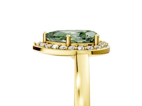 Yellow gold Fancy Green Pear Cut Halo Diamond Ring with Solitaire Band and Prong Setting_5
