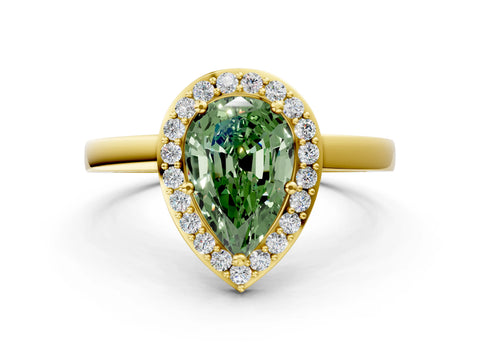 Yellow gold Fancy Green Pear Cut Halo Diamond Ring with Solitaire Band and Prong Setting