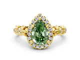 Yellow gold Fancy Green Pear Cut Halo Diamond Solitaire with Filigree Band and Four-Prong Setting