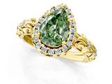 Yellow gold Fancy Green Pear Cut Halo Diamond Solitaire with Filigree Band and Four-Prong Setting_1