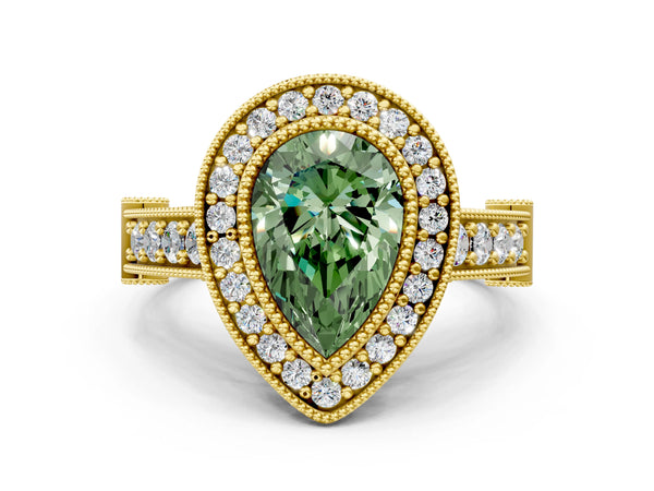 Yellow Gold Pear-Shaped Vintage Bezel Halo Engagement Ring Setting for Fancy Green Center