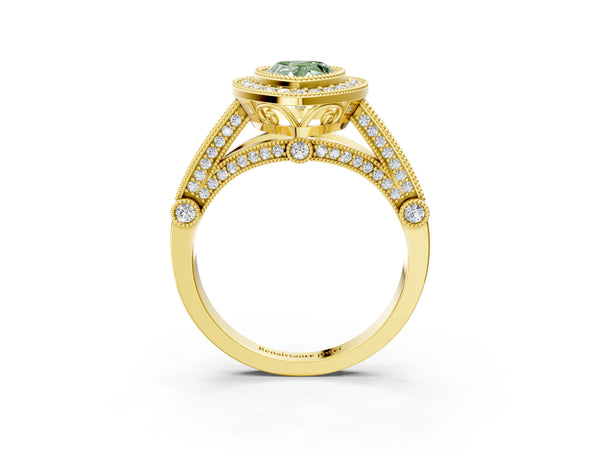 Yellow Gold Pear-Shaped Vintage Bezel Halo Engagement Ring Setting for Fancy Green Center