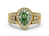Yellow gold Fancy Green Pear Cut Halo Diamond Split Shank Ring with Prong Setting