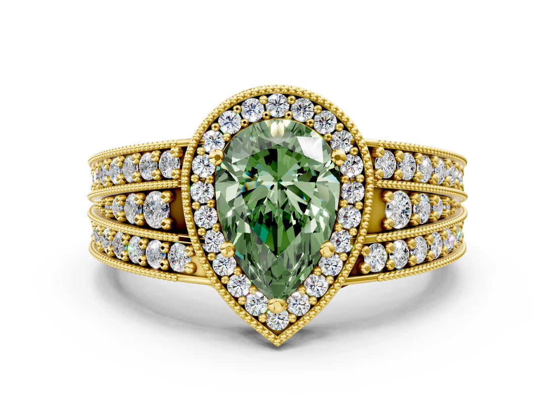 Yellow gold Fancy Green Pear Cut Halo Diamond Split Shank Ring with Prong Setting_6