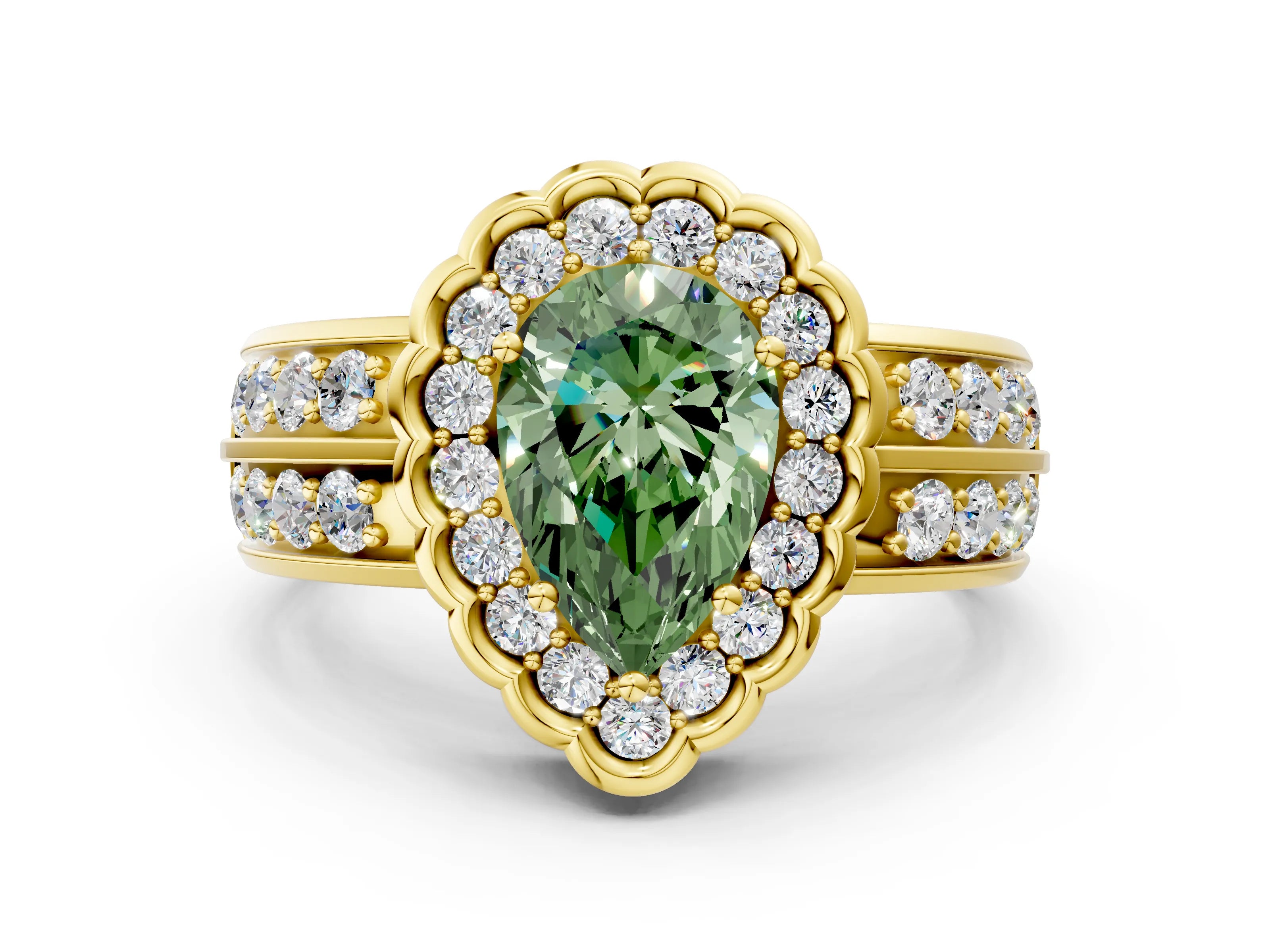 Yellow gold Fancy Green Pear Cut Halo Diamond Split Shank Ring with Scalloped Prong Setting