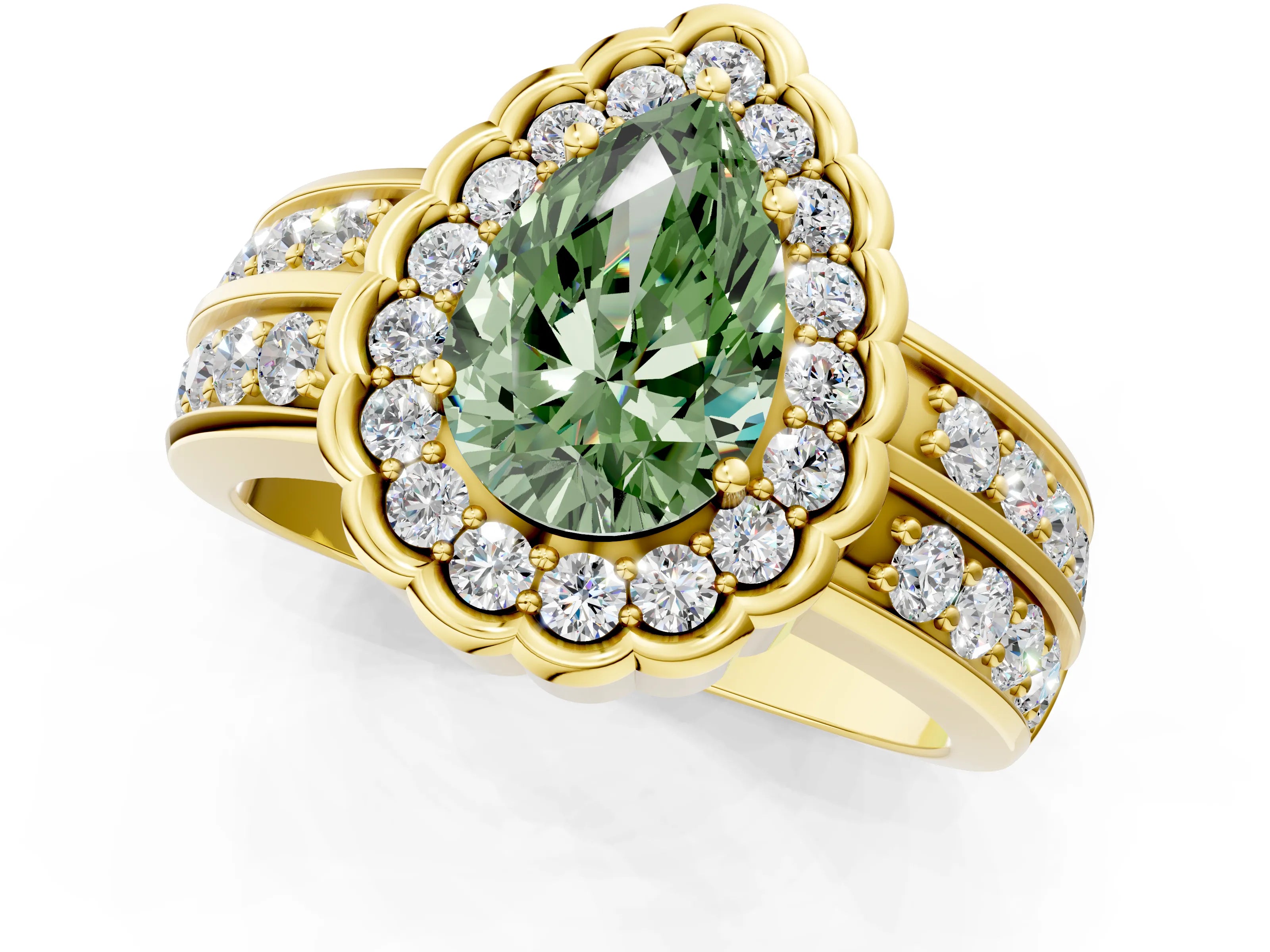 Yellow gold Fancy Green Pear Cut Halo Diamond Split Shank Ring with Scalloped Prong Setting_1