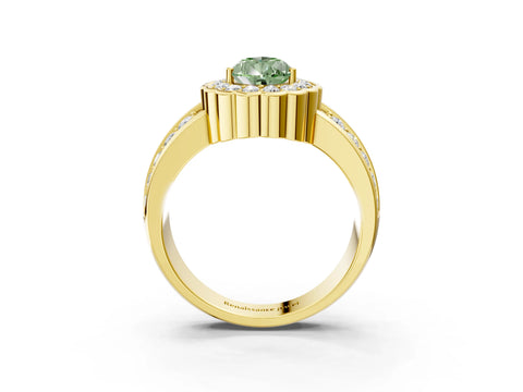 Yellow gold Fancy Green Pear Cut Halo Diamond Split Shank Ring with Scalloped Prong Setting_3