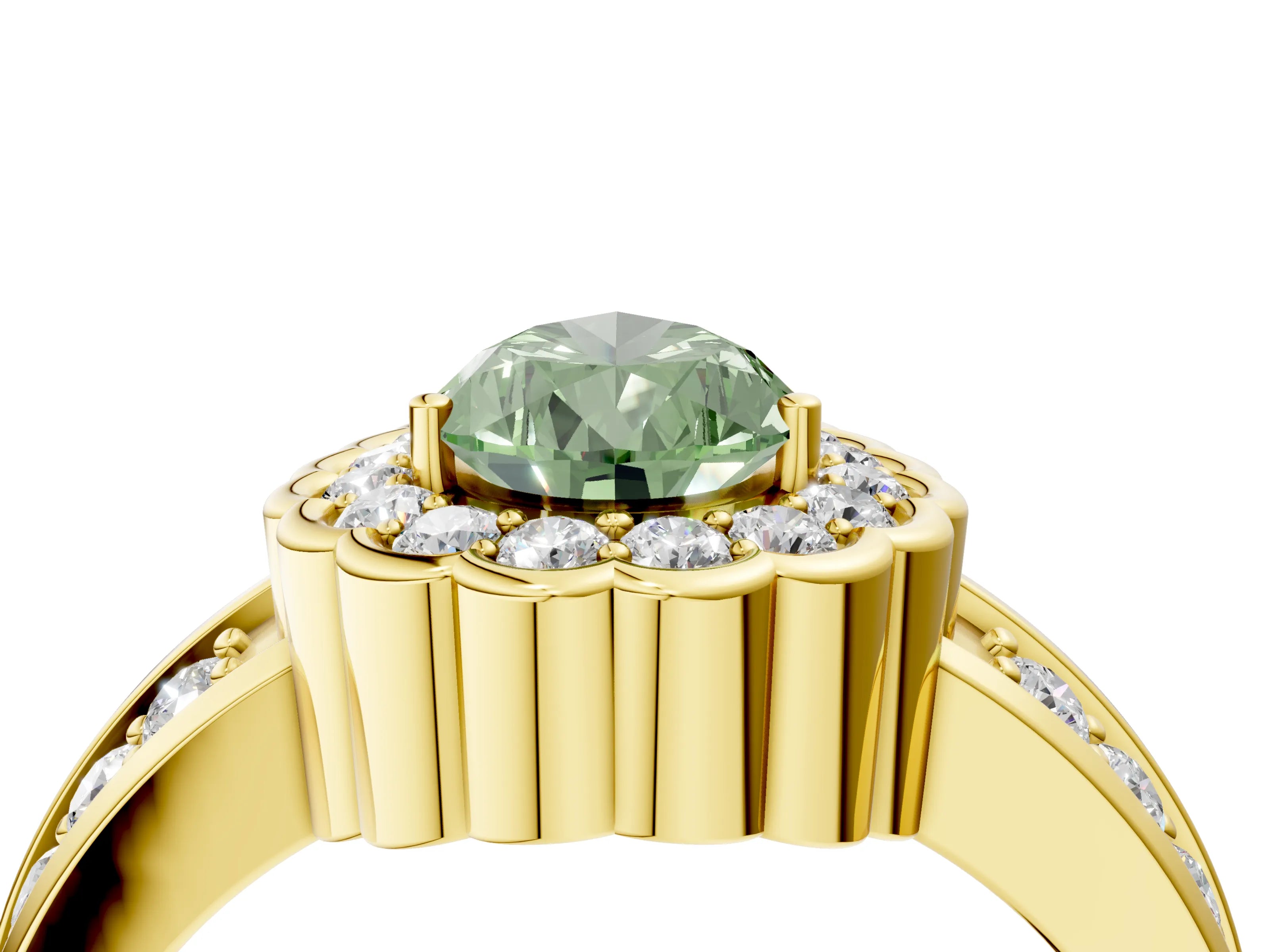 Yellow gold Fancy Green Pear Cut Halo Diamond Split Shank Ring with Scalloped Prong Setting_4