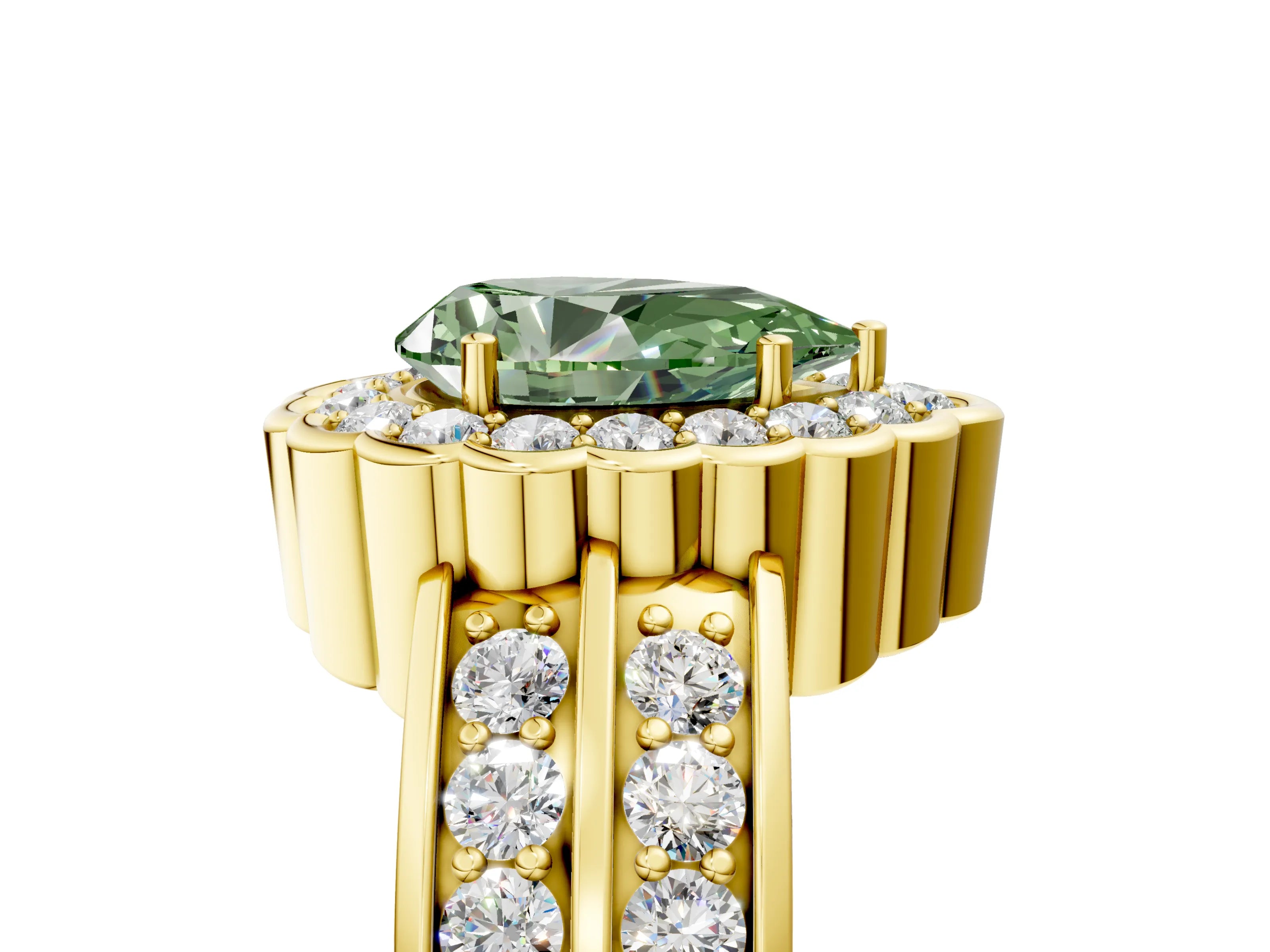 Yellow gold Fancy Green Pear Cut Halo Diamond Split Shank Ring with Scalloped Prong Setting_5