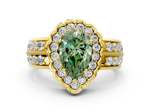 Yellow gold Fancy Green Pear Cut Halo Diamond Split Shank Ring with Scalloped Prong Setting
