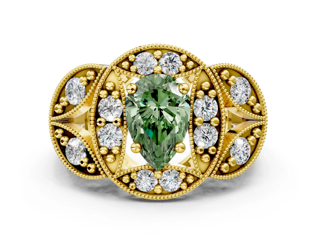 Yellow gold Fancy Green Pear Cut Halo Milgrain Diamond Engagement Ring with Leaf Band and Four-Prong Setting