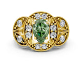 Yellow gold Fancy Green Pear Cut Halo Milgrain Diamond Engagement Ring with Leaf Band and Four-Prong Setting