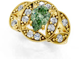 Yellow gold Fancy Green Pear Cut Halo Milgrain Diamond Engagement Ring with Leaf Band and Four-Prong Setting_1