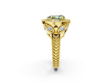 Yellow gold Fancy Green Pear Cut Halo Milgrain Diamond Engagement Ring with Leaf Band and Four-Prong Setting_2