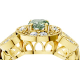 Yellow gold Fancy Green Pear Cut Halo Milgrain Diamond Engagement Ring with Leaf Band and Four-Prong Setting_4