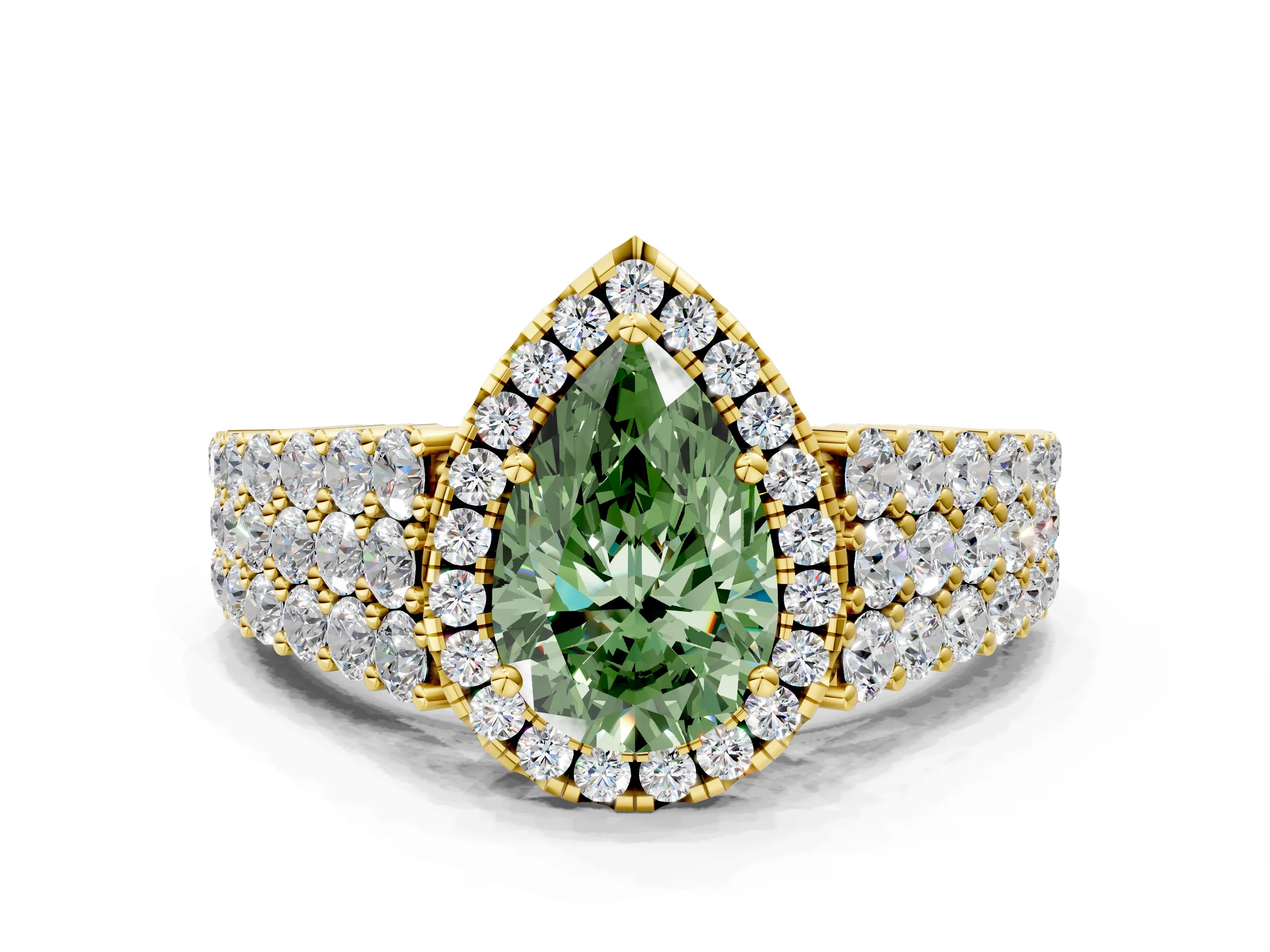 Yellow gold Fancy Green Pear Cut Halo Pavé Diamond Engagement Ring with Split Shank and Four-Prong Setting_3