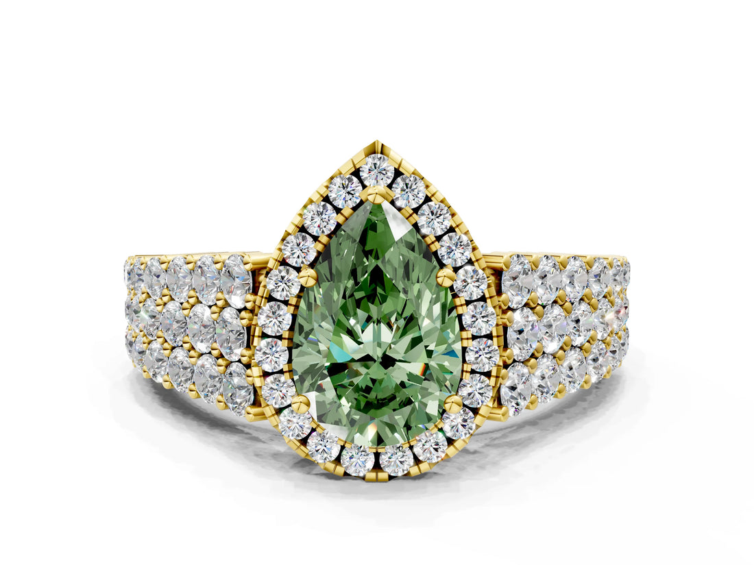 Yellow gold Fancy Green Pear Cut Halo Pavé Diamond Engagement Ring with Split Shank and Four-Prong Setting_3