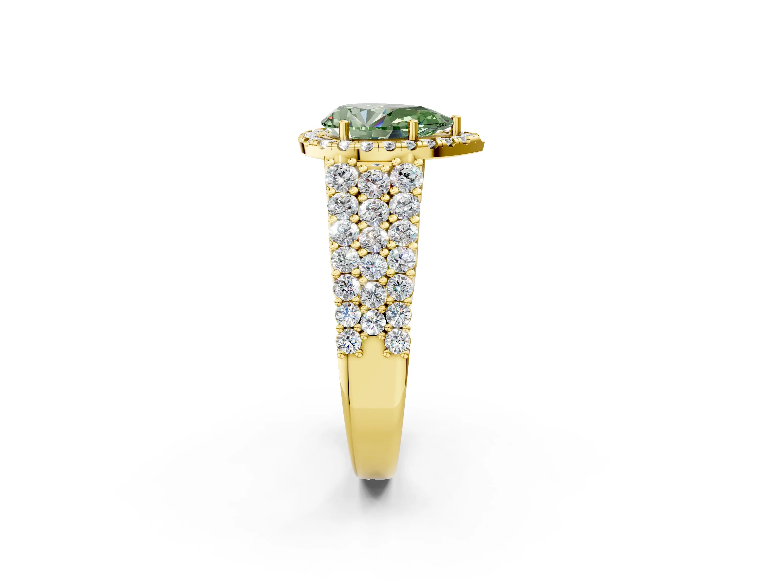 Yellow gold Fancy Green Pear Cut Halo Pavé Diamond Engagement Ring with Split Shank and Four-Prong Setting_5