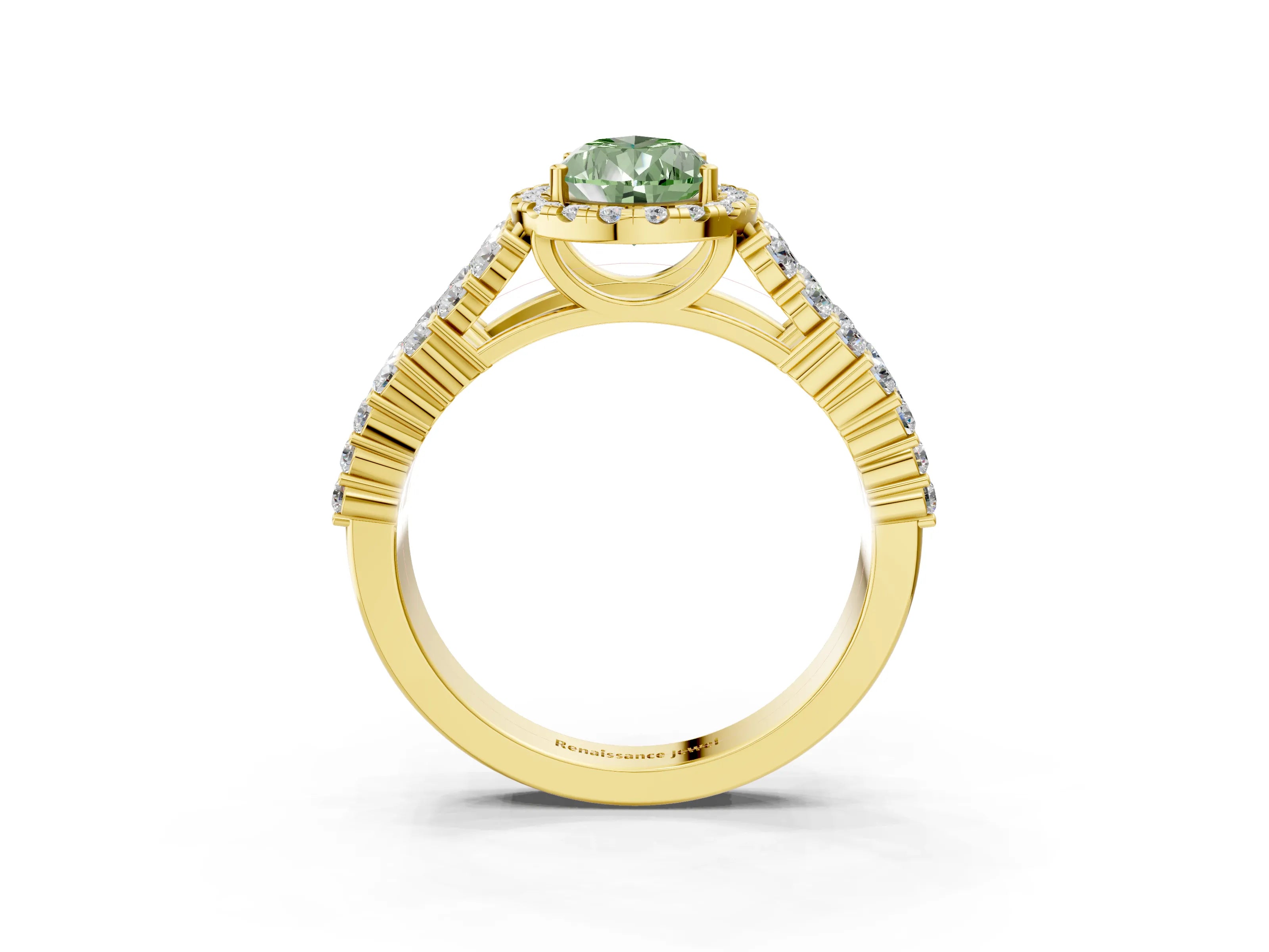 Yellow gold Fancy Green Pear Cut Halo Pavé Diamond Engagement Ring with Split Shank and Four-Prong Setting_6