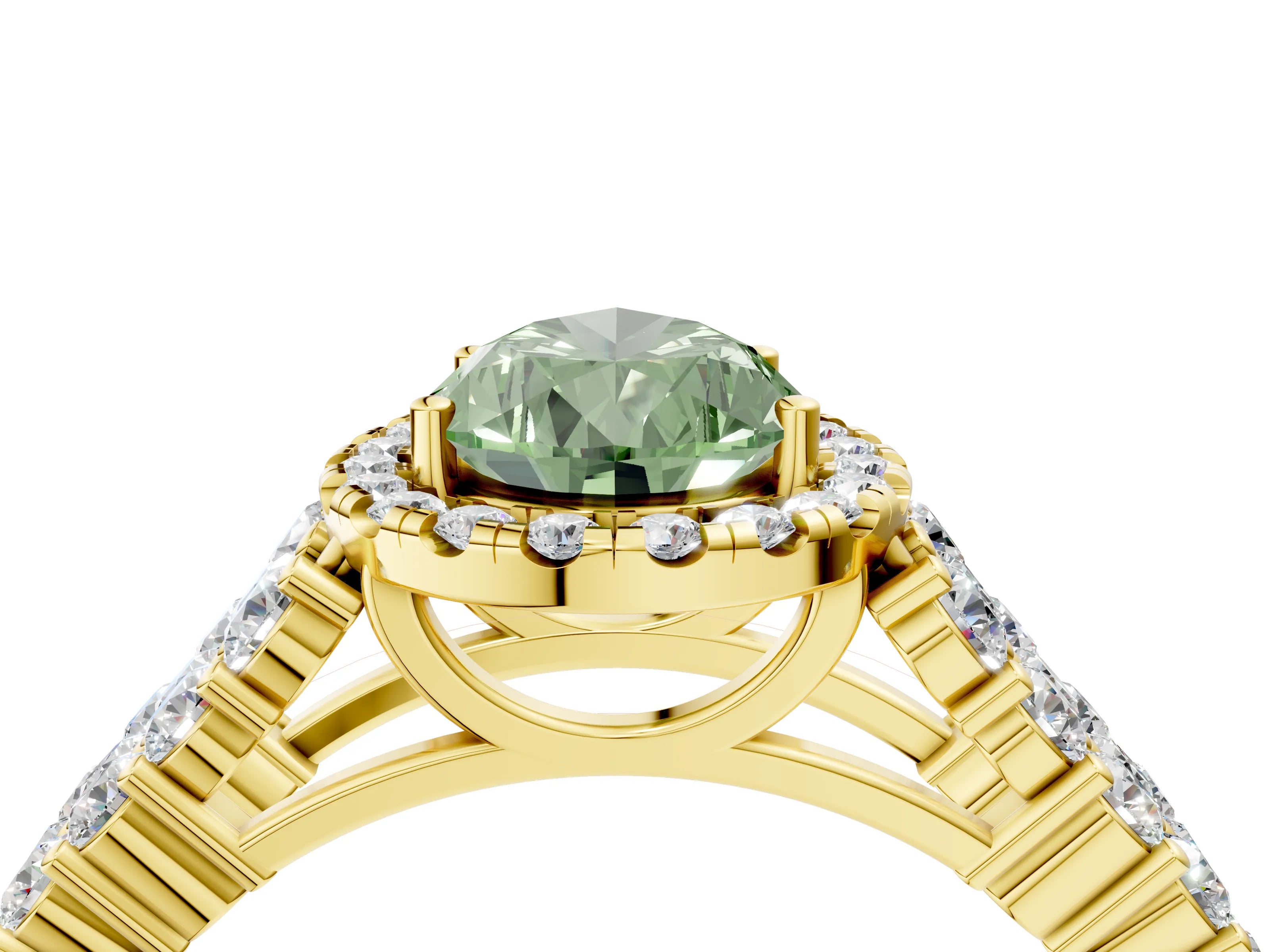 Yellow gold Fancy Green Pear Cut Halo Pavé Diamond Engagement Ring with Split Shank and Four-Prong Setting_7