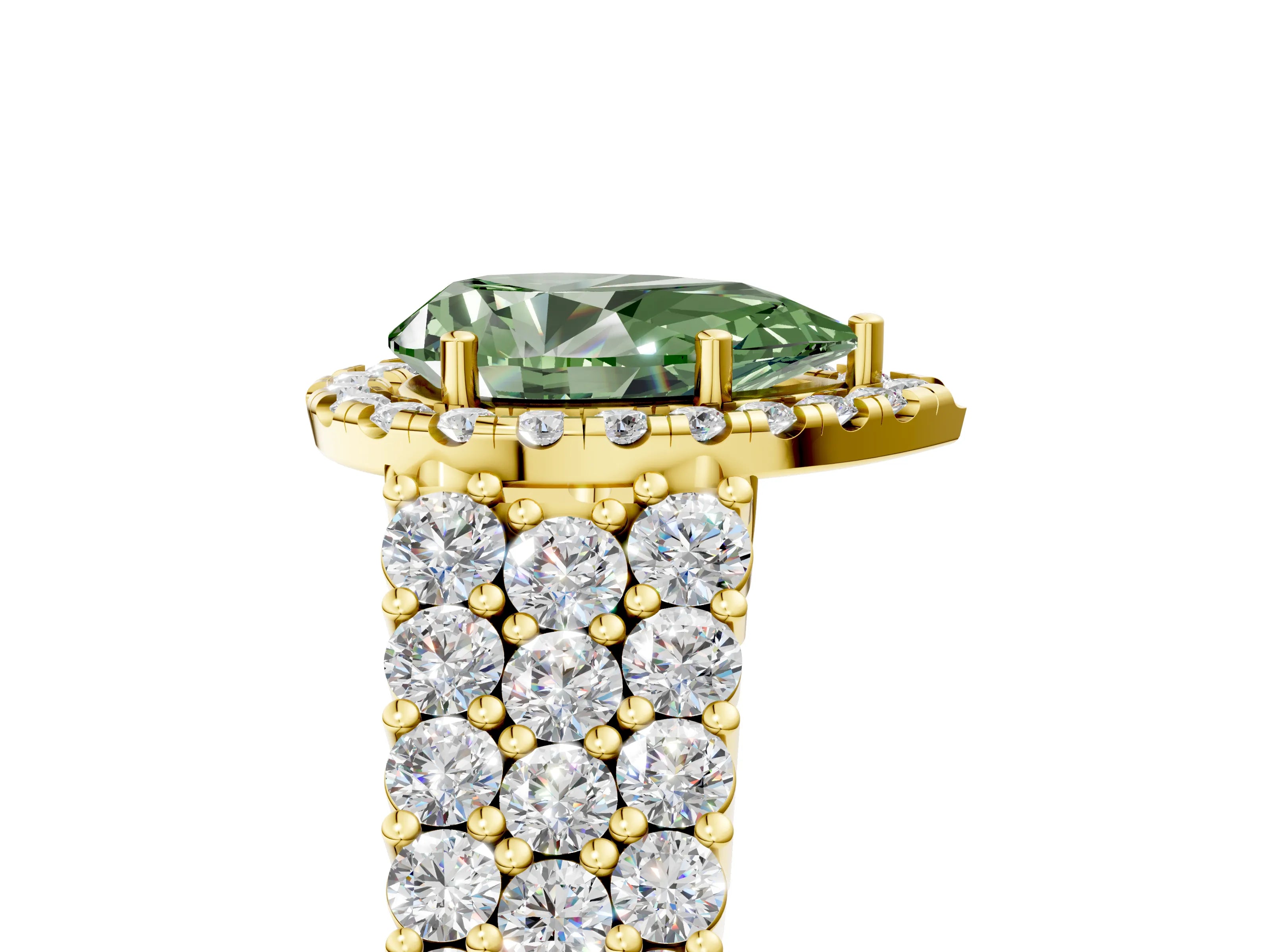 Yellow gold Fancy Green Pear Cut Halo Pavé Diamond Engagement Ring with Split Shank and Four-Prong Setting_8