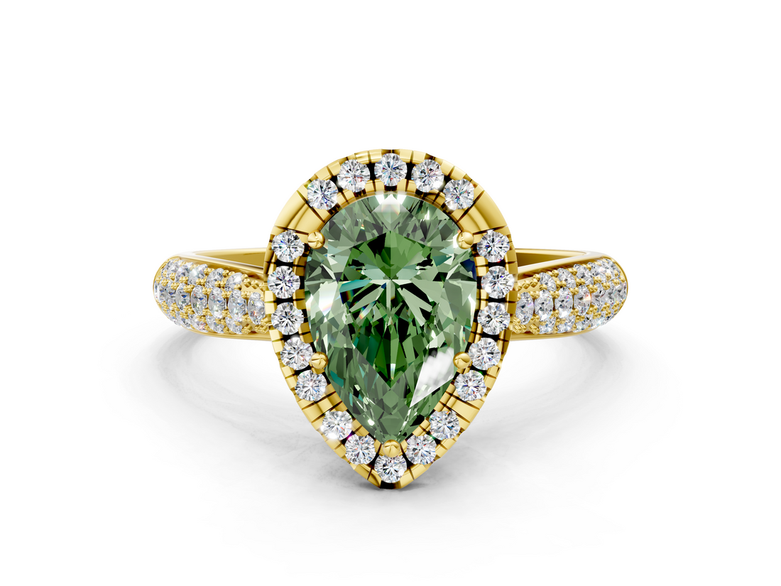 Yellow gold Fancy Green Pear  Cut Halo Pave Band Four-Prong Setting Ring_37