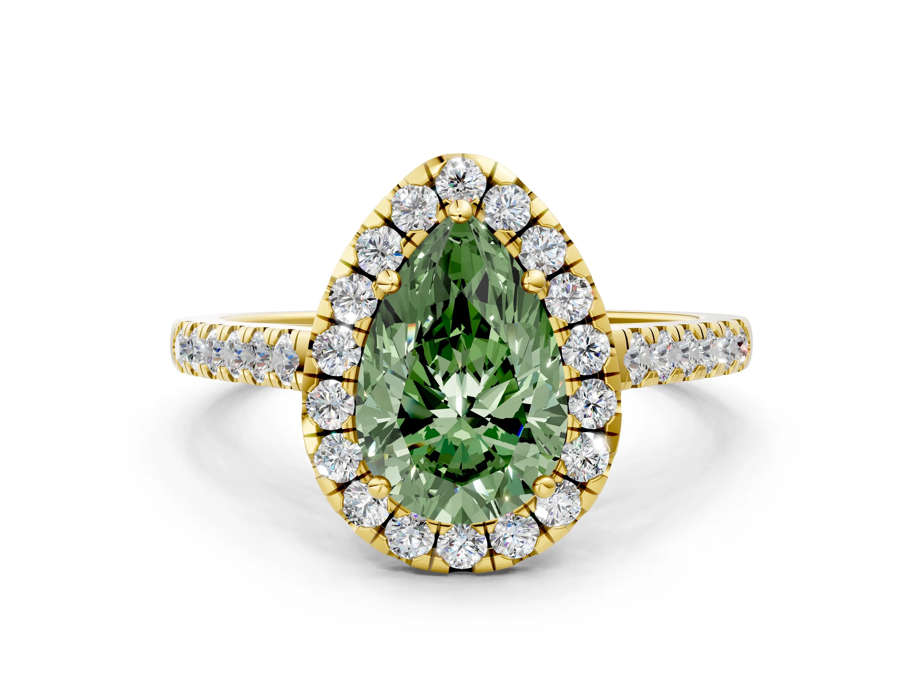 Yellow gold Fancy Green Pear Cut Halo Pave Diamond Engagement Ring with Four-Prong Setting