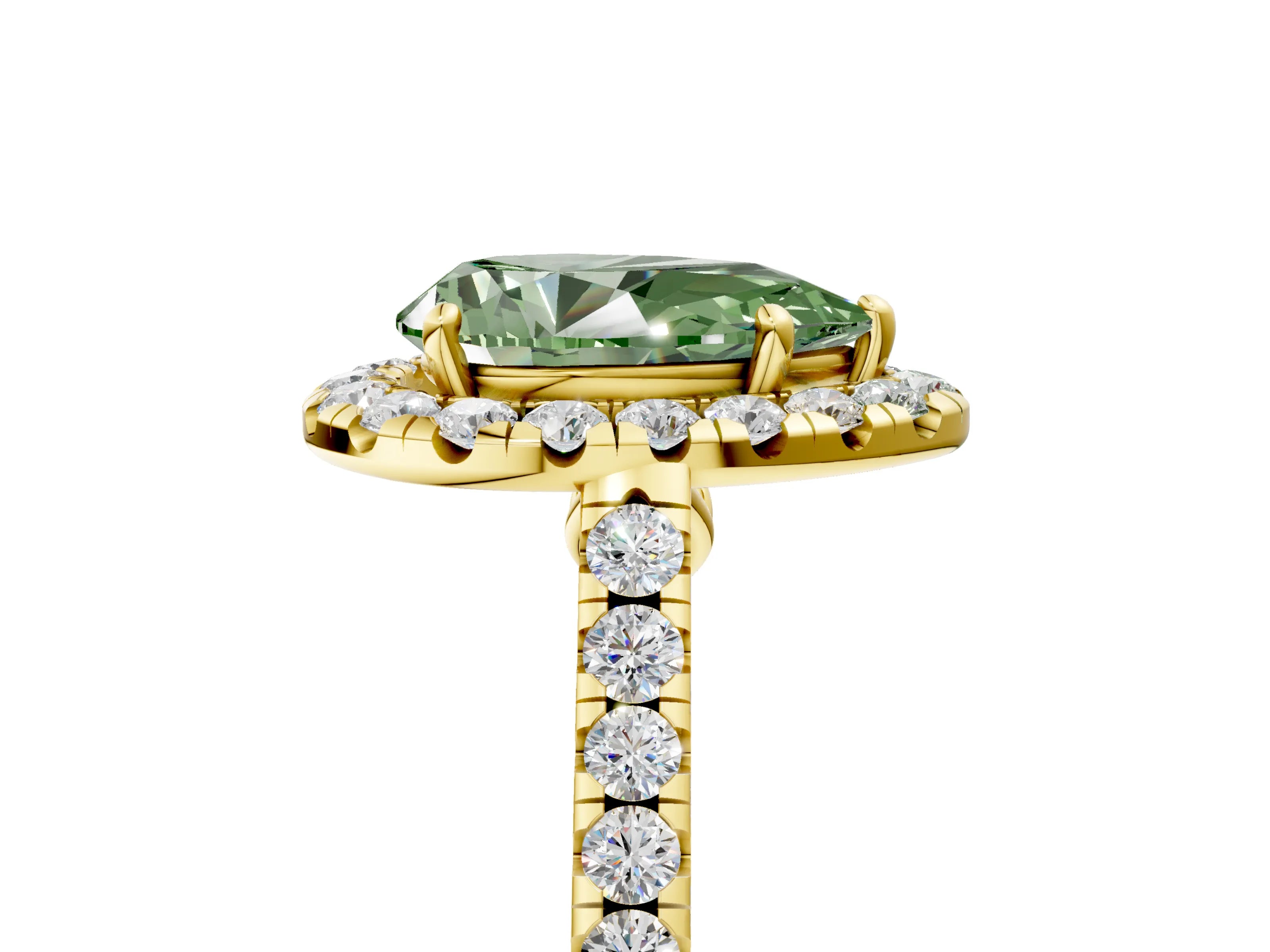 Yellow gold Fancy Green Pear Cut Halo Pave Diamond Engagement Ring with Four-Prong Setting_5