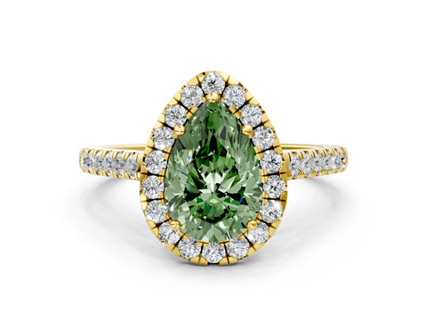 Yellow gold Fancy Green Pear Cut Halo Pave Diamond Engagement Ring with Four-Prong Setting