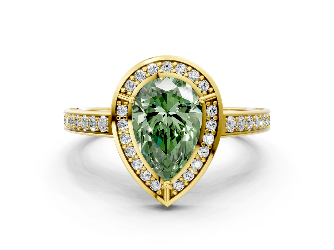 Yellow gold Fancy Green Pear  Cut Halo Pave Split Shank Prong Setting Ring_32