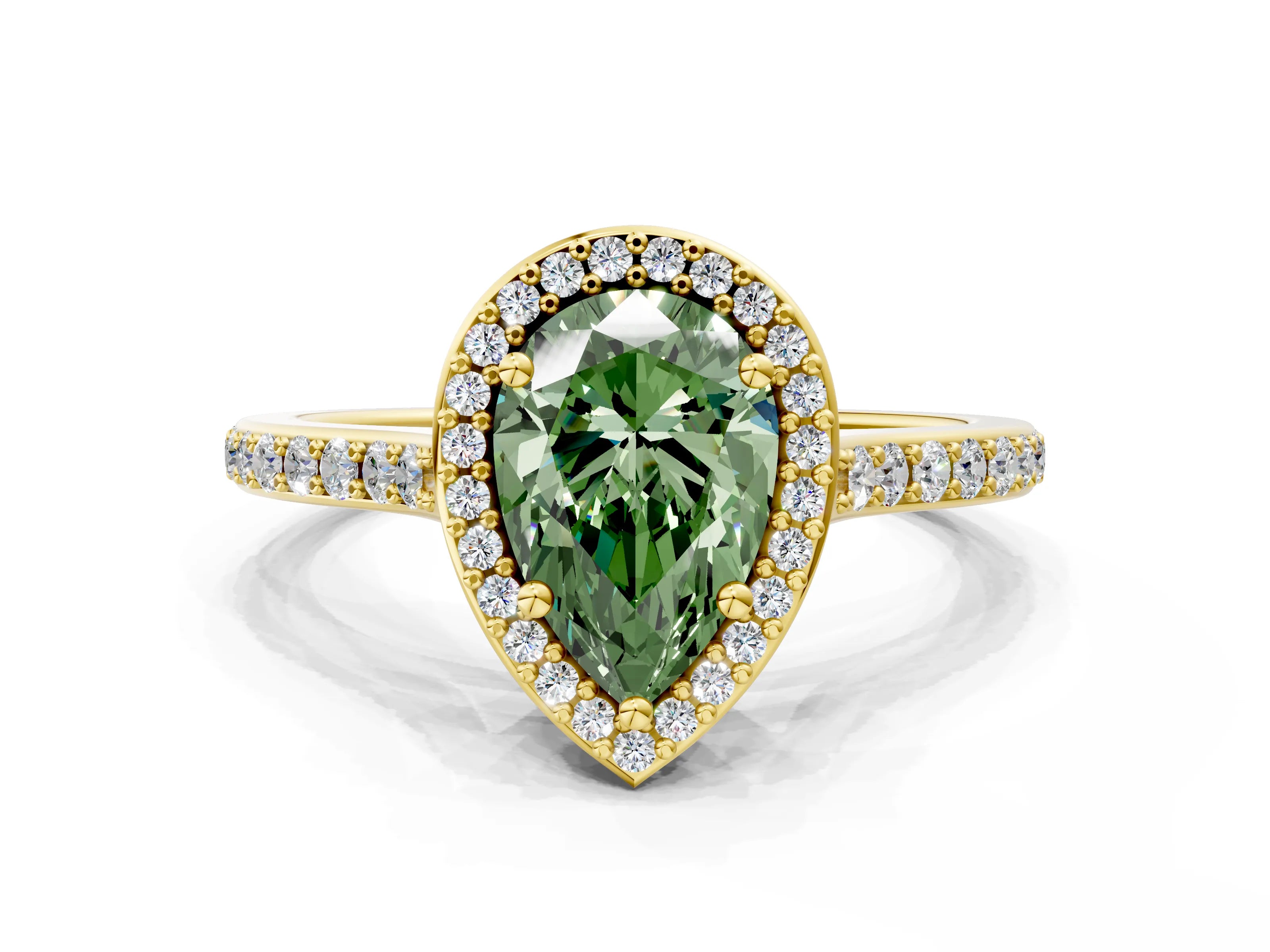 Yellow gold Fancy Green Pear Cut Halo Round Diamond Pavé Band with Four-Prong Setting_3
