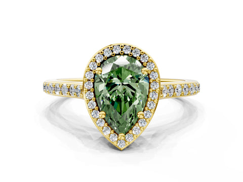 Yellow gold Fancy Green Pear Cut Halo Round Diamond Pavé Band with Four-Prong Setting_3