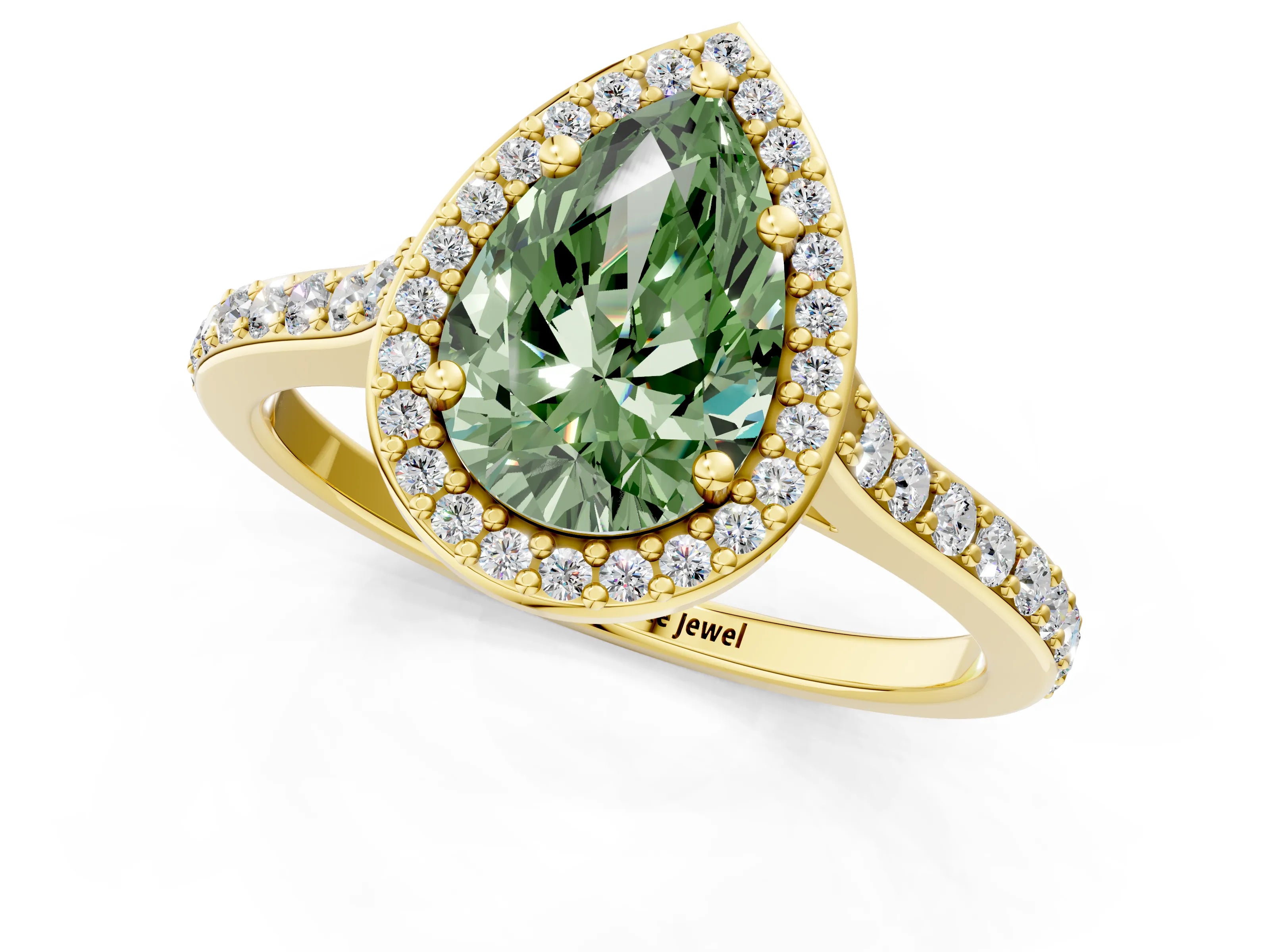 Yellow gold Fancy Green Pear Cut Halo Round Diamond Pavé Band with Four-Prong Setting_4