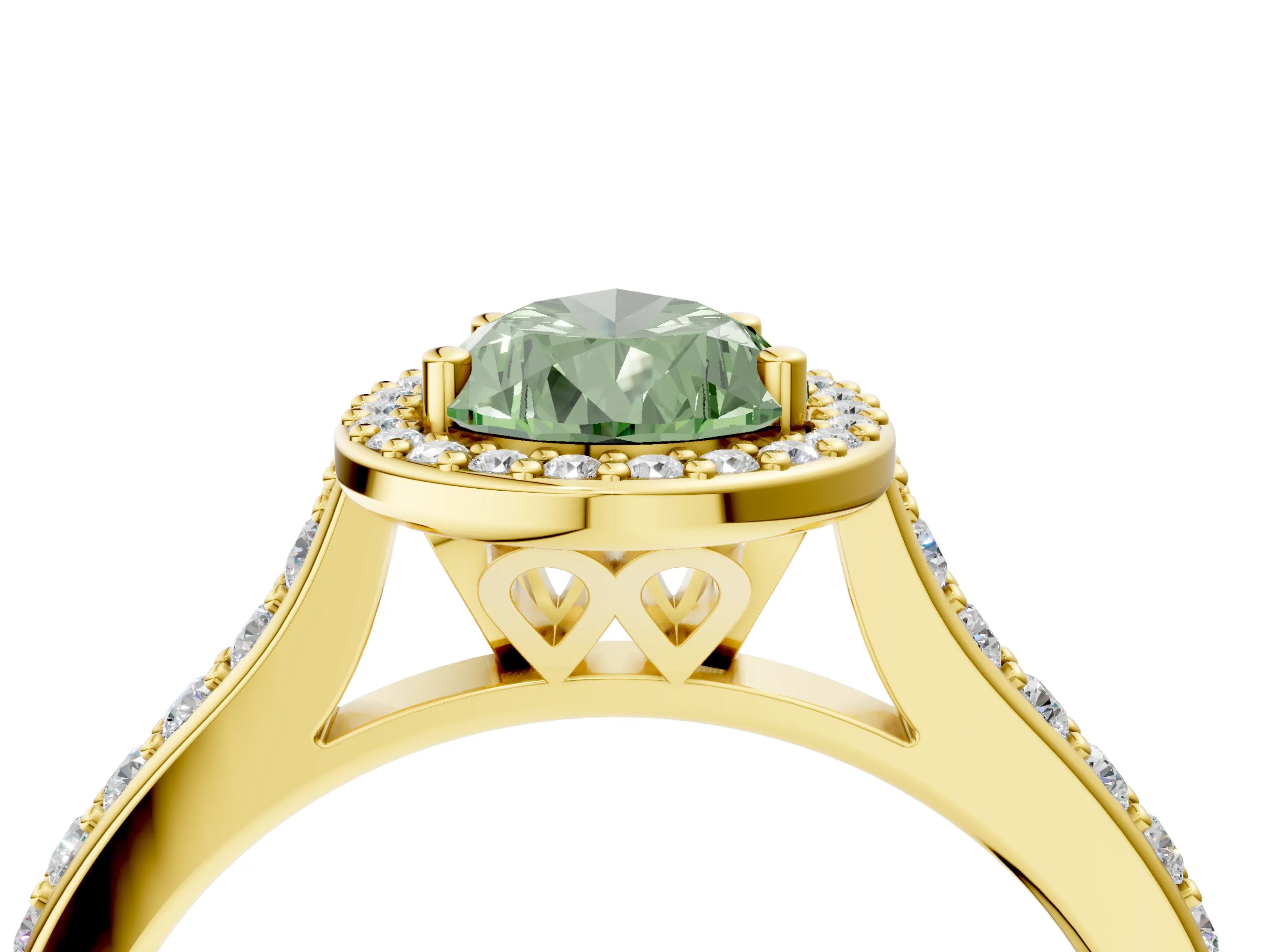 Yellow gold Fancy Green Pear Cut Halo Round Diamond Pavé Band with Four-Prong Setting_7