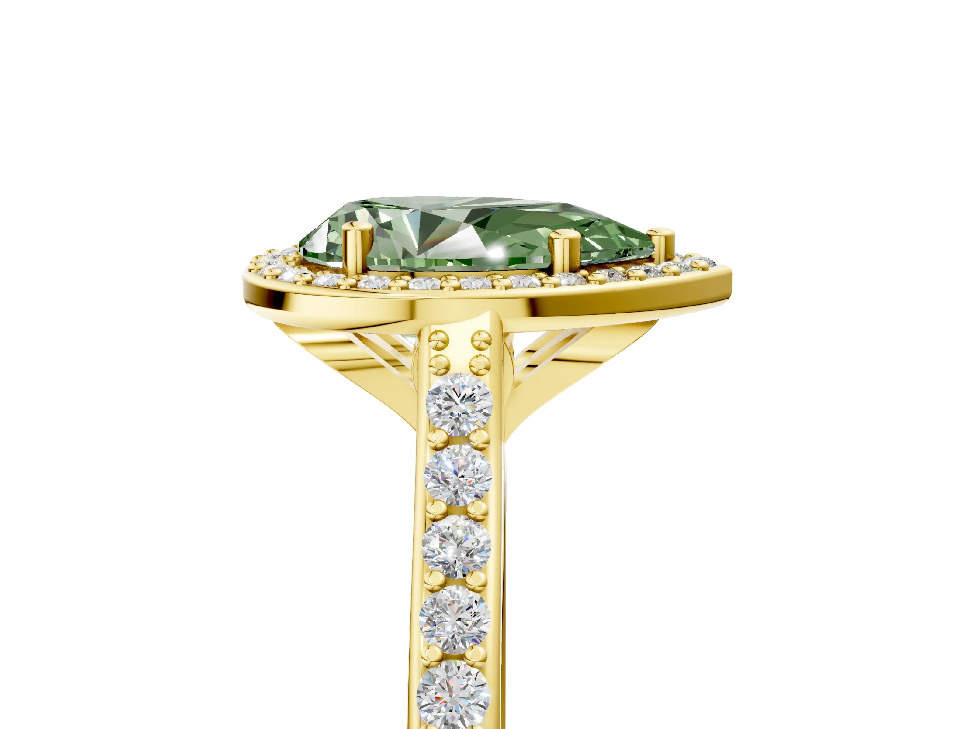 Yellow gold Fancy Green Pear Cut Halo Round Diamond Pavé Band with Four-Prong Setting_8