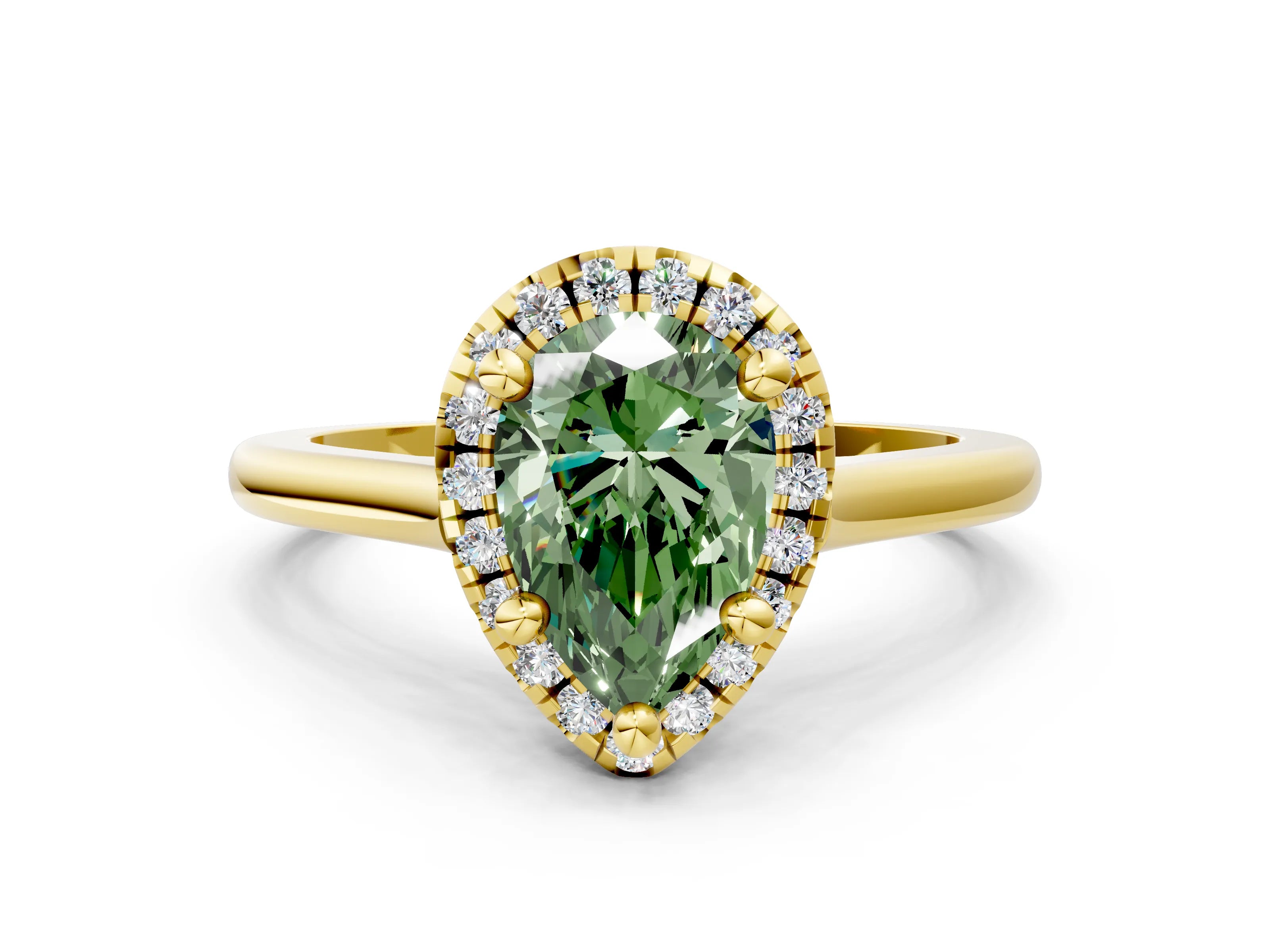 Yellow gold Fancy Green Pear Cut Halo Round Diamond Solitaire Engagement Ring with Pave Band and Four-Prong Setting_12