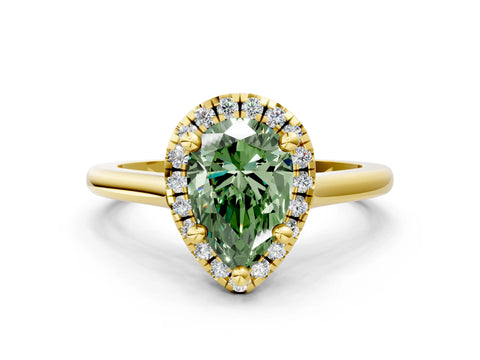 Yellow gold Fancy Green Pear Cut Halo Round Diamond Solitaire Engagement Ring with Pave Band and Four-Prong Setting_12